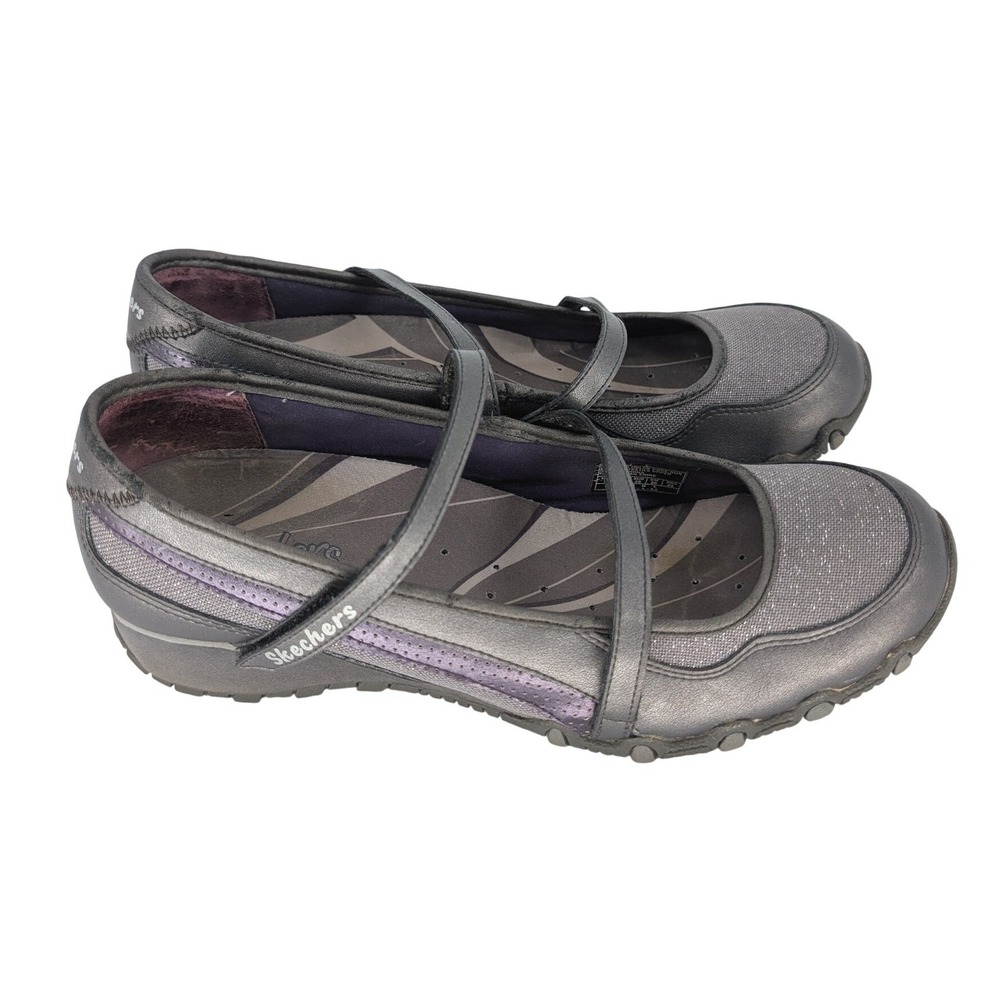 VTG Y2K Skechers Mary Jane Women 9 Gunmetal Grey Metallic Criss Cross Strappy